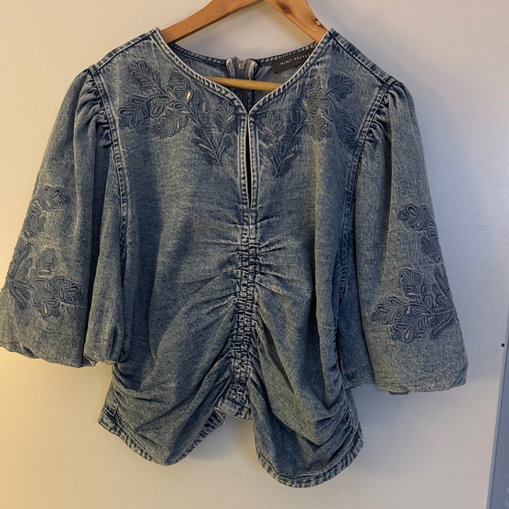 Embroidered Ruched Denim Blouson Sleeve Top